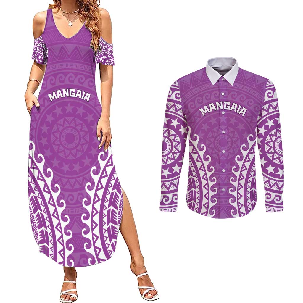 Custom Cook Islands Mangaia Couples Matching Summer Maxi Dress and Long Sleeve Button Shirt Polynesian Tribal Tattoo LT05 Pink - Polynesian Pride