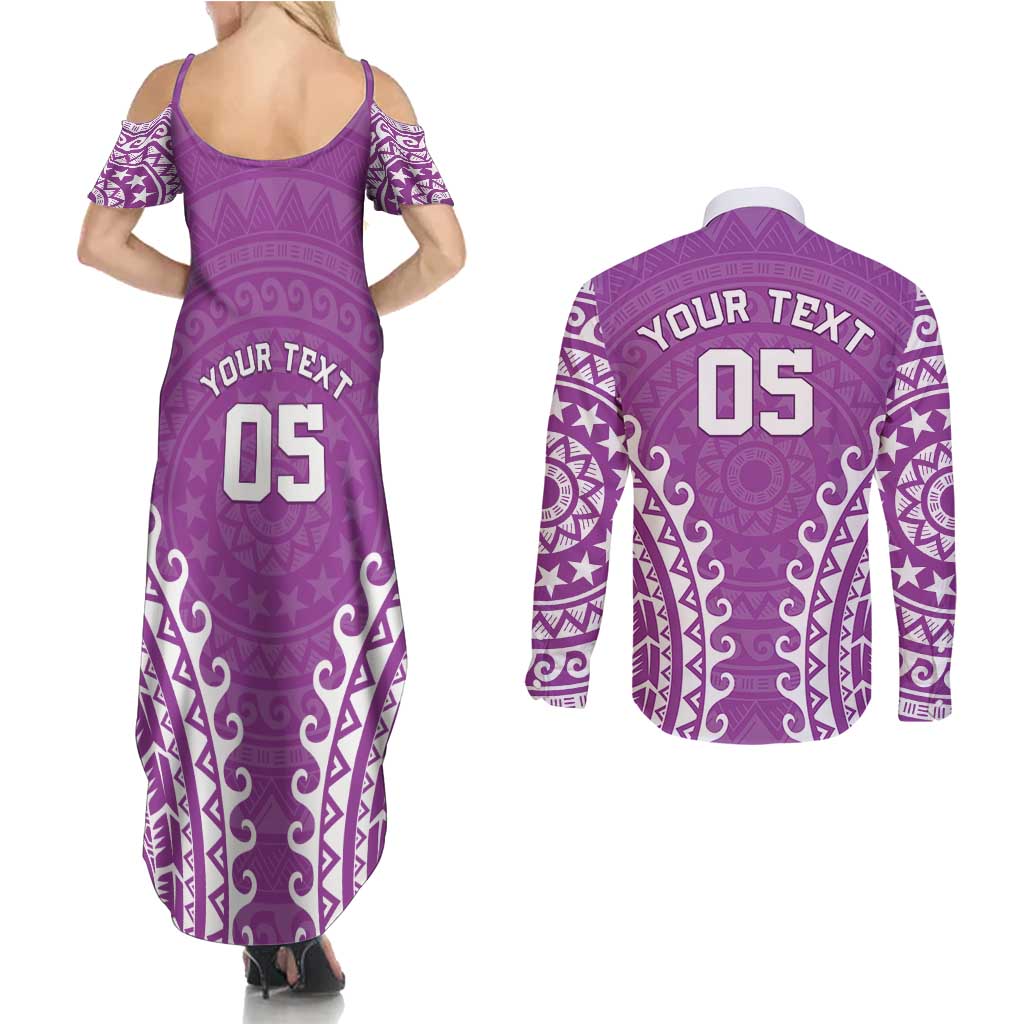 Custom Cook Islands Mangaia Couples Matching Summer Maxi Dress and Long Sleeve Button Shirt Polynesian Tribal Tattoo LT05 - Polynesian Pride