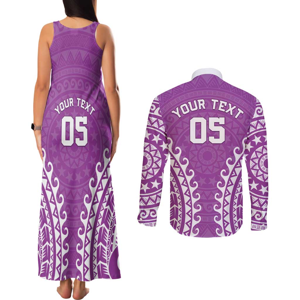 Custom Cook Islands Mangaia Couples Matching Tank Maxi Dress and Long Sleeve Button Shirt Polynesian Tribal Tattoo