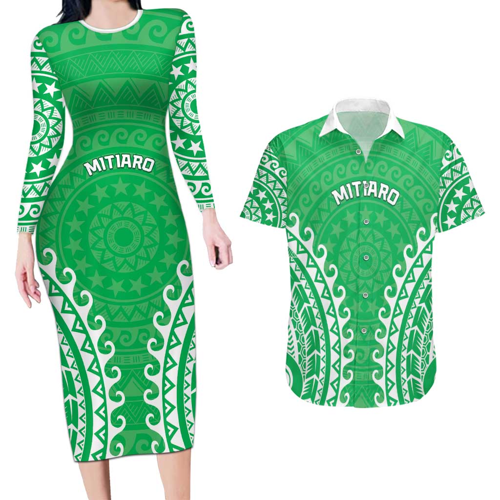 Custom Cook Islands Mitiaro Couples Matching Long Sleeve Bodycon Dress and Hawaiian Shirt Polynesian Tribal Tattoo LT05 Green - Polynesian Pride