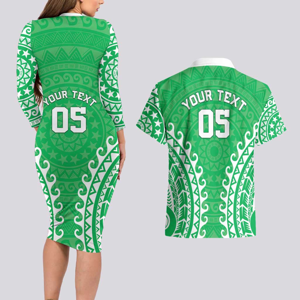 Custom Cook Islands Mitiaro Couples Matching Long Sleeve Bodycon Dress and Hawaiian Shirt Polynesian Tribal Tattoo LT05 - Polynesian Pride