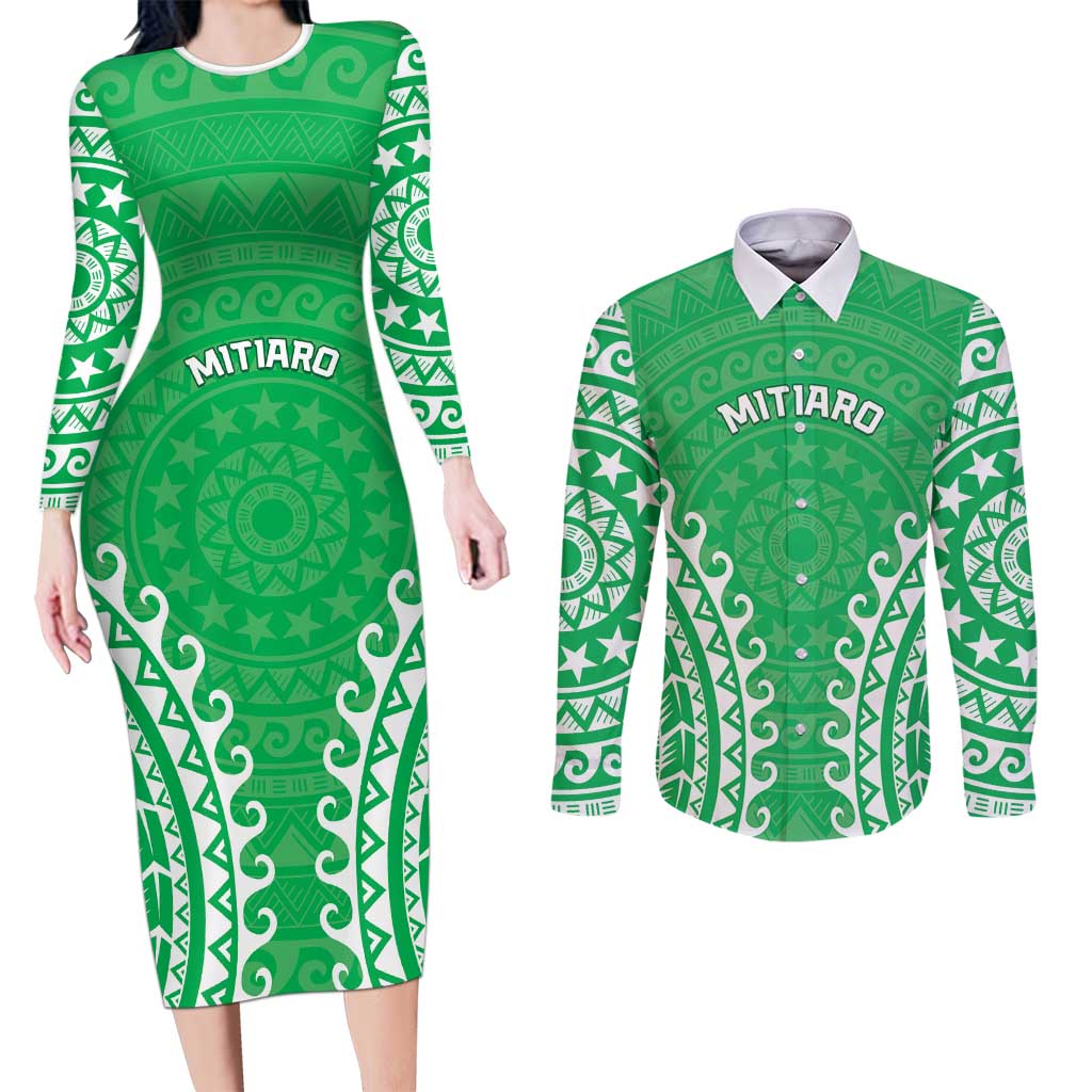 Custom Cook Islands Mitiaro Couples Matching Long Sleeve Bodycon Dress and Long Sleeve Button Shirt Polynesian Tribal Tattoo LT05 Green - Polynesian Pride
