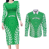 Custom Cook Islands Mitiaro Couples Matching Long Sleeve Bodycon Dress and Long Sleeve Button Shirt Polynesian Tribal Tattoo LT05 Green - Polynesian Pride
