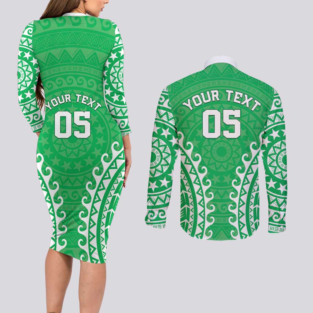 Custom Cook Islands Mitiaro Couples Matching Long Sleeve Bodycon Dress and Long Sleeve Button Shirt Polynesian Tribal Tattoo LT05 - Polynesian Pride