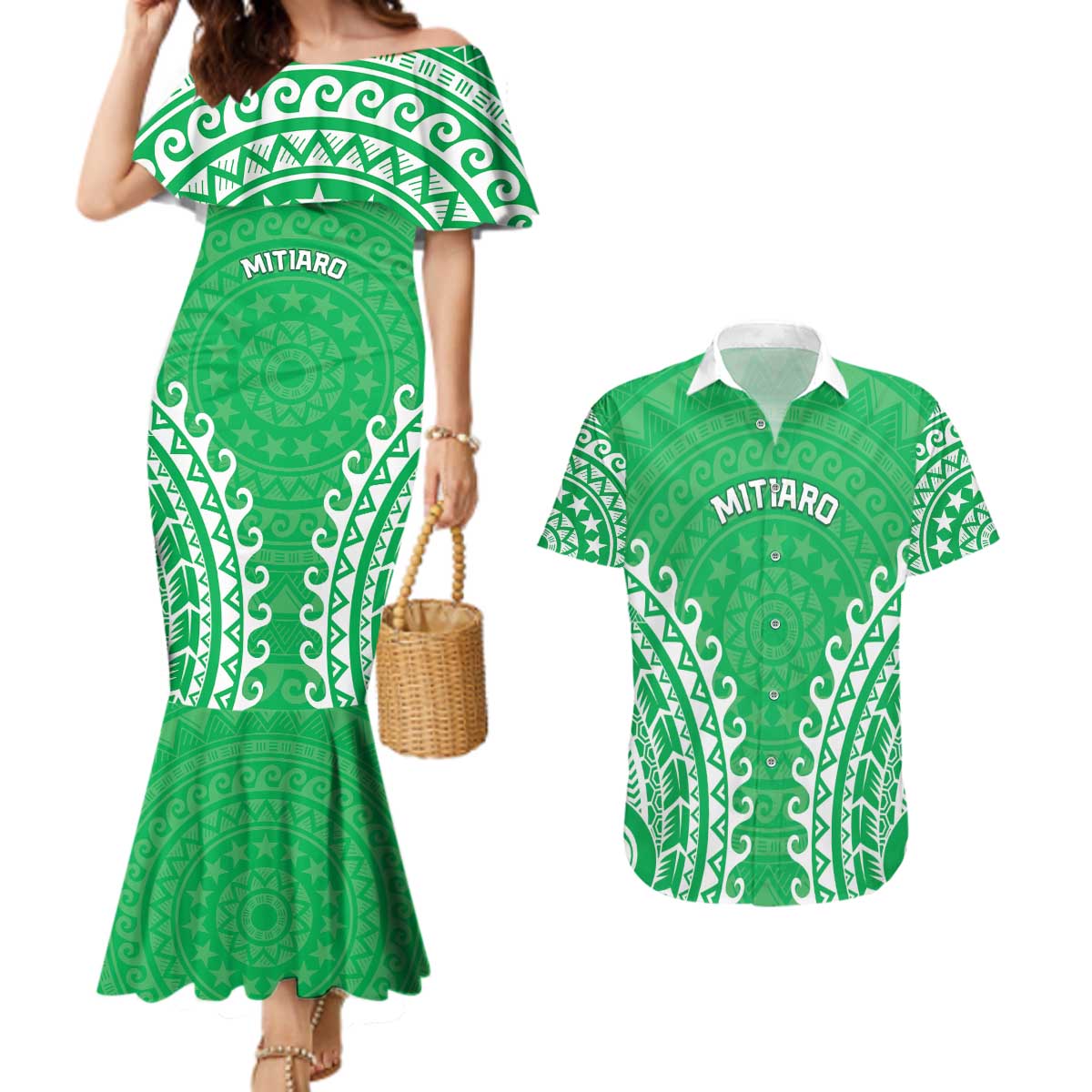 Custom Cook Islands Mitiaro Couples Matching Mermaid Dress and Hawaiian Shirt Polynesian Tribal Tattoo LT05 Green - Polynesian Pride