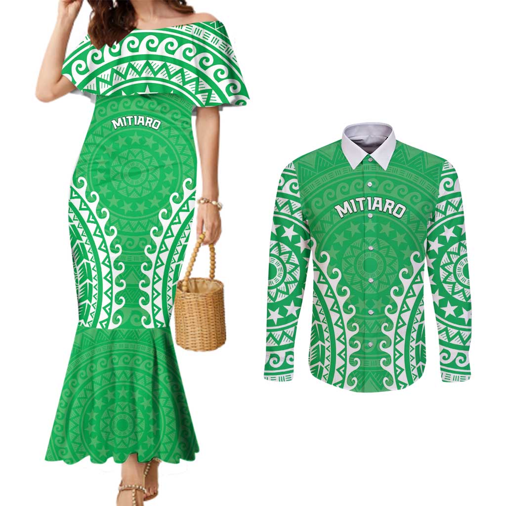Custom Cook Islands Mitiaro Couples Matching Mermaid Dress and Long Sleeve Button Shirt Polynesian Tribal Tattoo LT05 Green - Polynesian Pride
