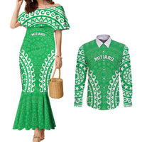 Custom Cook Islands Mitiaro Couples Matching Mermaid Dress and Long Sleeve Button Shirt Polynesian Tribal Tattoo LT05 Green - Polynesian Pride