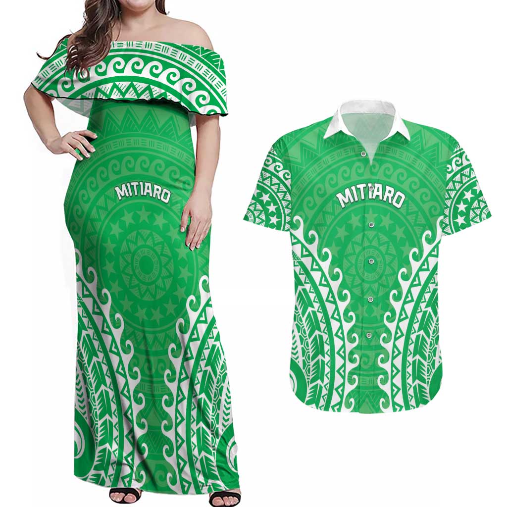 Custom Cook Islands Mitiaro Couples Matching Off Shoulder Maxi Dress and Hawaiian Shirt Polynesian Tribal Tattoo LT05 Green - Polynesian Pride