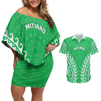 Custom Cook Islands Mitiaro Couples Matching Off Shoulder Short Dress and Hawaiian Shirt Polynesian Tribal Tattoo LT05 Green - Polynesian Pride