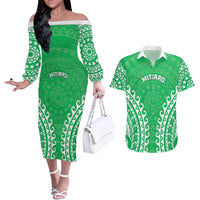 Custom Cook Islands Mitiaro Couples Matching Off The Shoulder Long Sleeve Dress and Hawaiian Shirt Polynesian Tribal Tattoo LT05 Green - Polynesian Pride