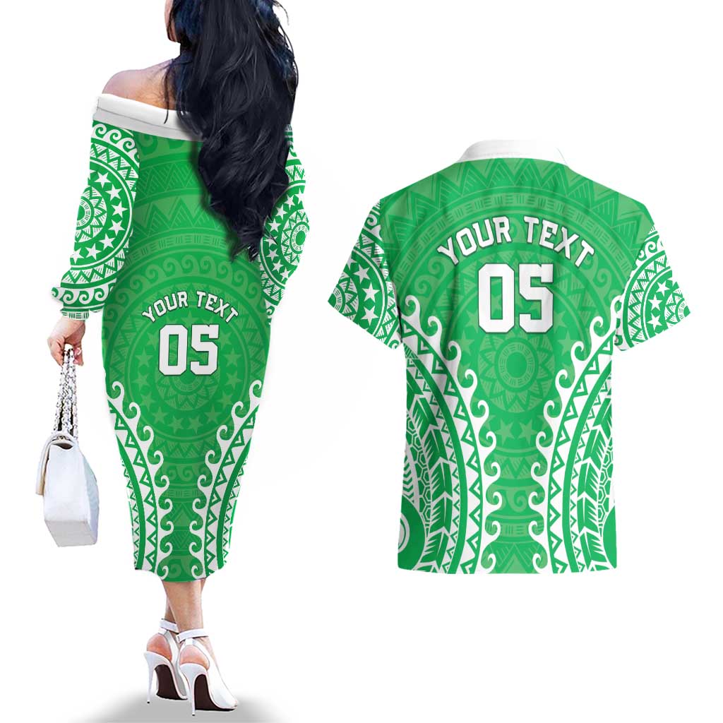 Custom Cook Islands Mitiaro Couples Matching Off The Shoulder Long Sleeve Dress and Hawaiian Shirt Polynesian Tribal Tattoo LT05 - Polynesian Pride