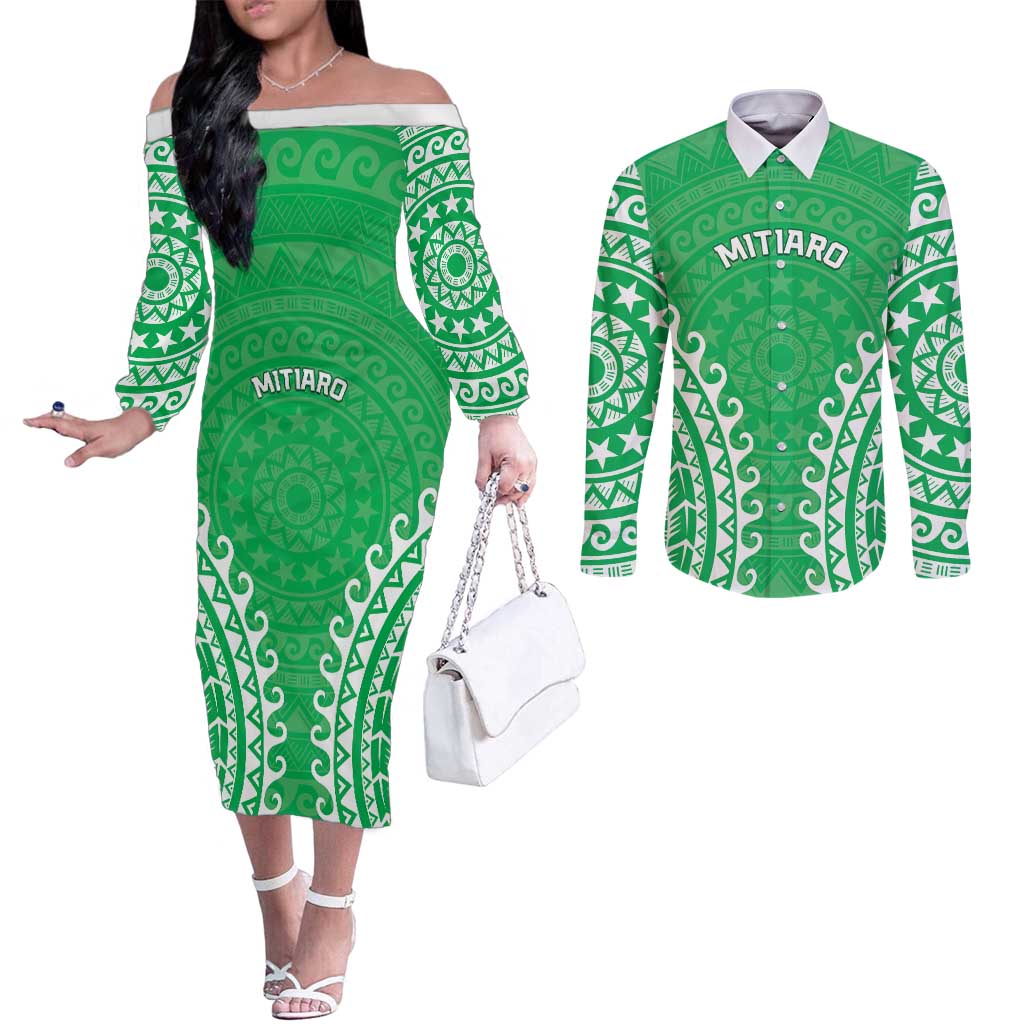 Custom Cook Islands Mitiaro Couples Matching Off The Shoulder Long Sleeve Dress and Long Sleeve Button Shirt Polynesian Tribal Tattoo LT05 Green - Polynesian Pride