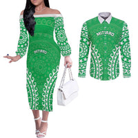 Custom Cook Islands Mitiaro Couples Matching Off The Shoulder Long Sleeve Dress and Long Sleeve Button Shirt Polynesian Tribal Tattoo LT05 Green - Polynesian Pride