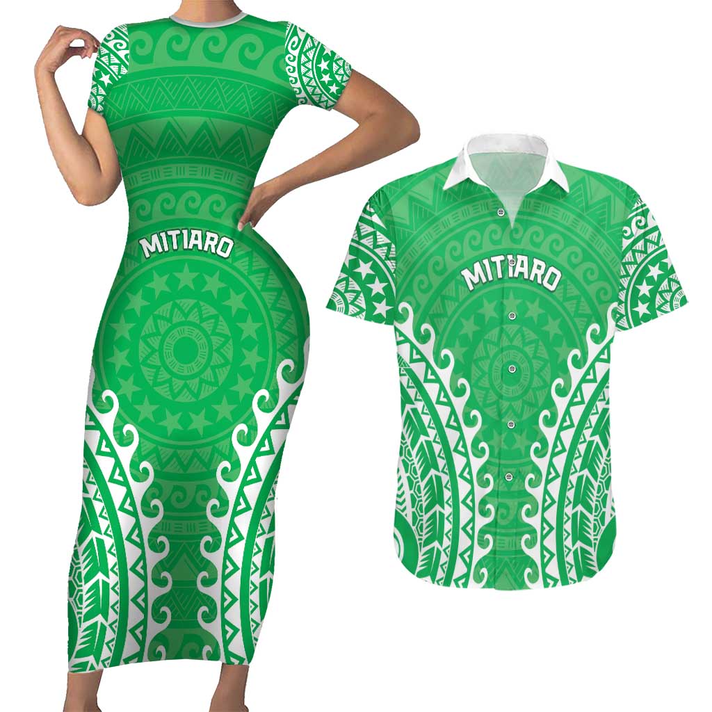 Custom Cook Islands Mitiaro Couples Matching Short Sleeve Bodycon Dress and Hawaiian Shirt Polynesian Tribal Tattoo LT05 Green - Polynesian Pride