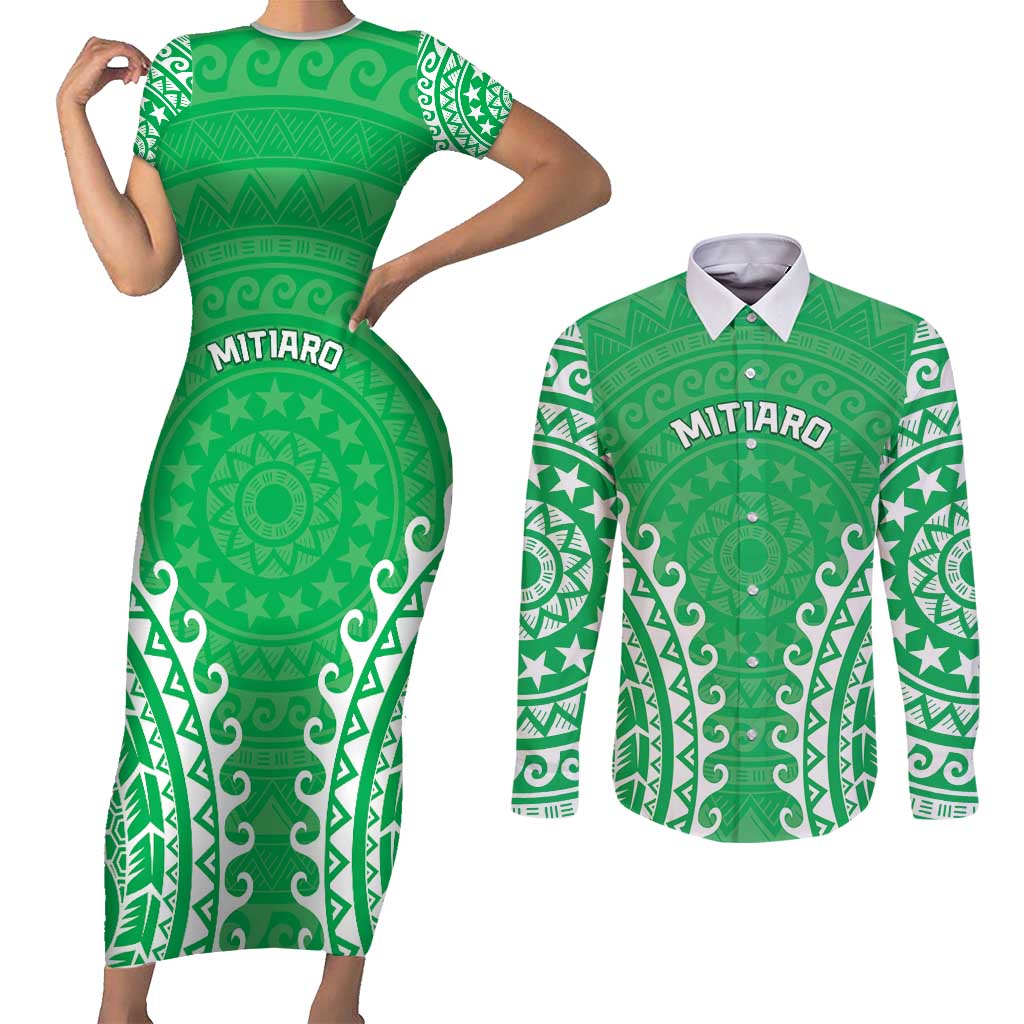 Custom Cook Islands Mitiaro Couples Matching Short Sleeve Bodycon Dress and Long Sleeve Button Shirt Polynesian Tribal Tattoo LT05 Green - Polynesian Pride