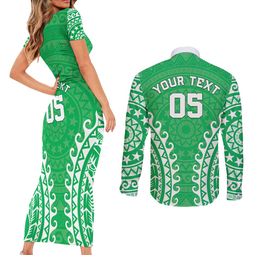 Custom Cook Islands Mitiaro Couples Matching Short Sleeve Bodycon Dress and Long Sleeve Button Shirt Polynesian Tribal Tattoo LT05 - Polynesian Pride