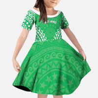 Custom Cook Islands Mitiaro Family Matching Off The Shoulder Long Sleeve Dress and Hawaiian Shirt Polynesian Tribal Tattoo LT05 Daughter's Dress Green - Polynesian Pride