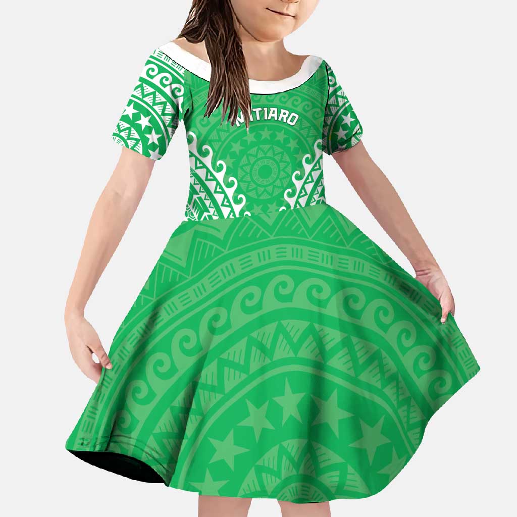 Custom Cook Islands Mitiaro Family Matching Off Shoulder Maxi Dress and Hawaiian Shirt Polynesian Tribal Tattoo LT05 Daughter's Dress Green - Polynesian Pride