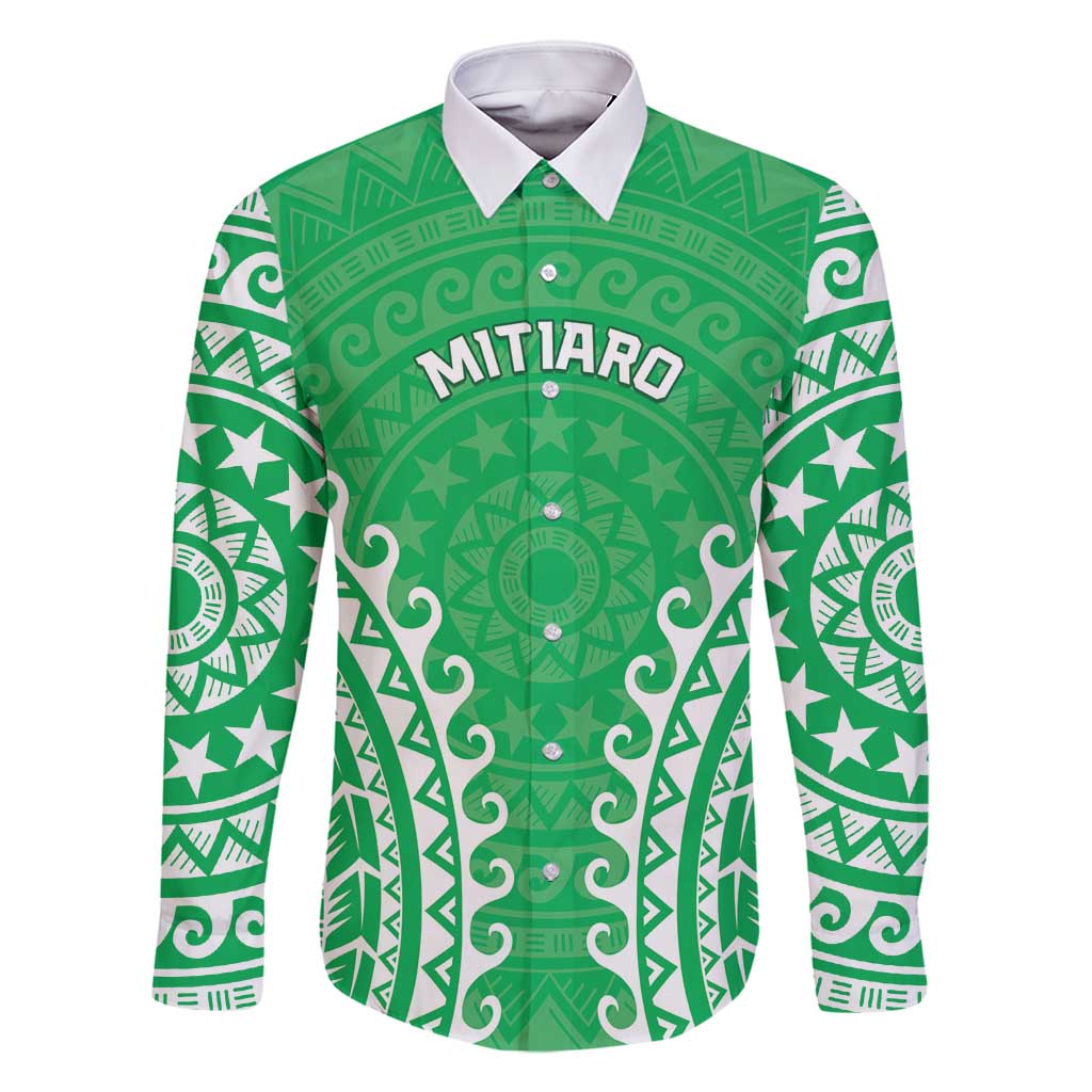 Custom Cook Islands Mitiaro Family Matching Off Shoulder Maxi Dress and Hawaiian Shirt Polynesian Tribal Tattoo LT05 Dad's Shirt - Long Sleeve Green - Polynesian Pride