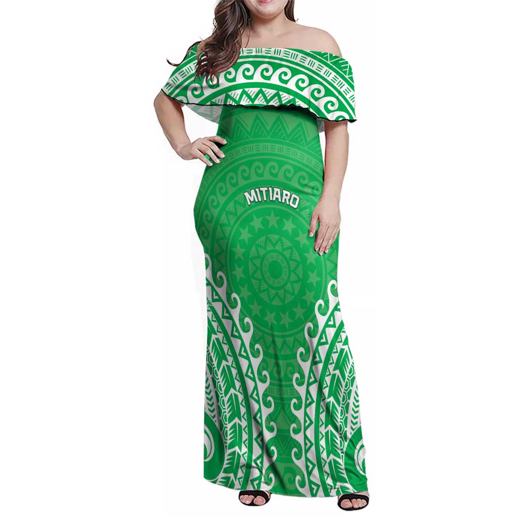Custom Cook Islands Mitiaro Family Matching Off Shoulder Maxi Dress and Hawaiian Shirt Polynesian Tribal Tattoo LT05 Mom's Dress Green - Polynesian Pride