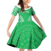 Custom Cook Islands Mitiaro Family Matching Off Shoulder Short Dress and Hawaiian Shirt Polynesian Tribal Tattoo LT05 Daughter's Dress Green - Polynesian Pride