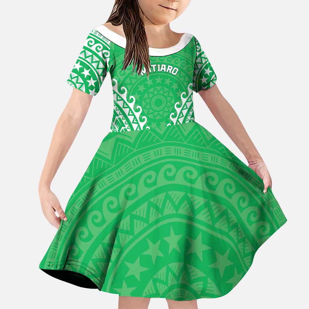 Custom Cook Islands Mitiaro Family Matching Puletasi and Hawaiian Shirt Polynesian Tribal Tattoo LT05 Daughter's Dress Green - Polynesian Pride