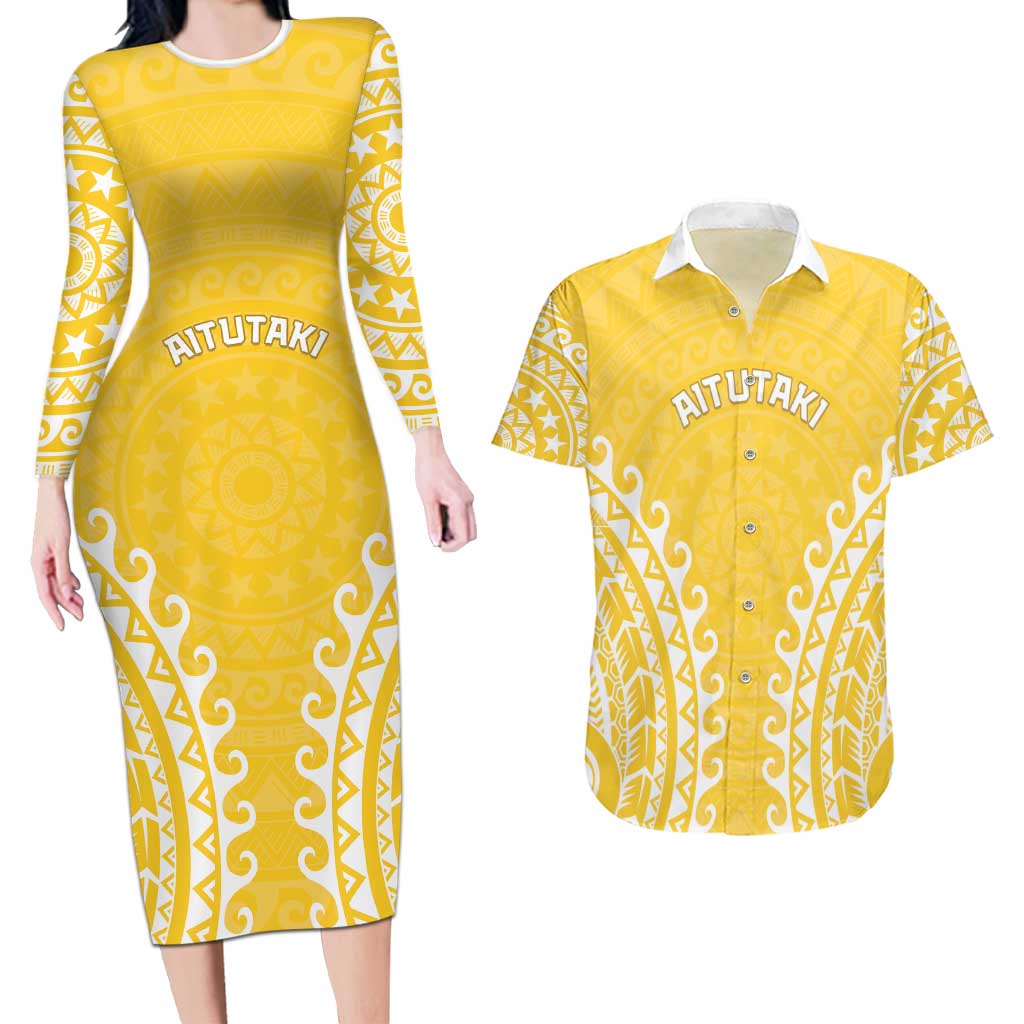 Custom Cook Islands Aitutaki Couples Matching Long Sleeve Bodycon Dress and Hawaiian Shirt Polynesian Tribal Tattoo