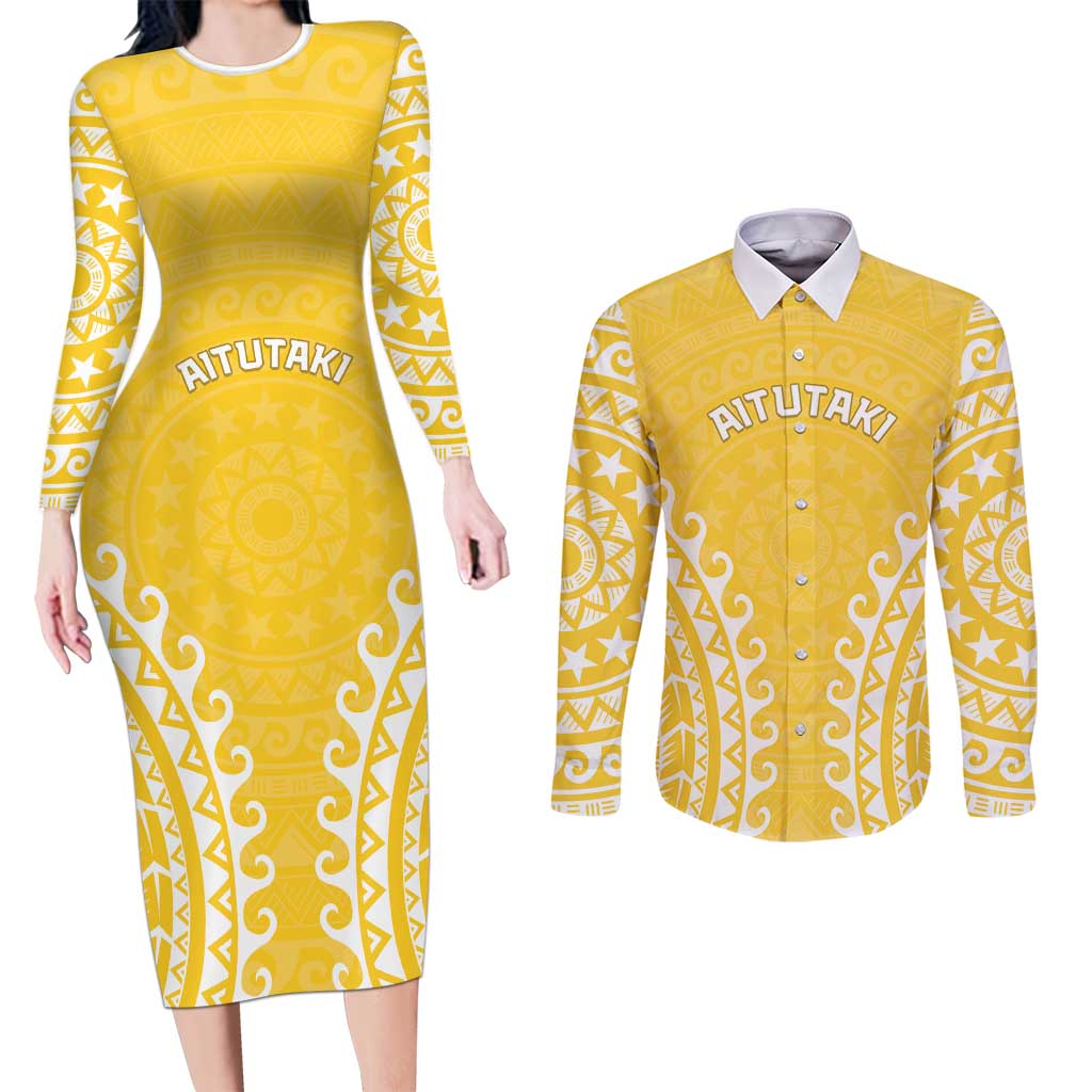 Custom Cook Islands Aitutaki Couples Matching Long Sleeve Bodycon Dress and Long Sleeve Button Shirt Polynesian Tribal Tattoo