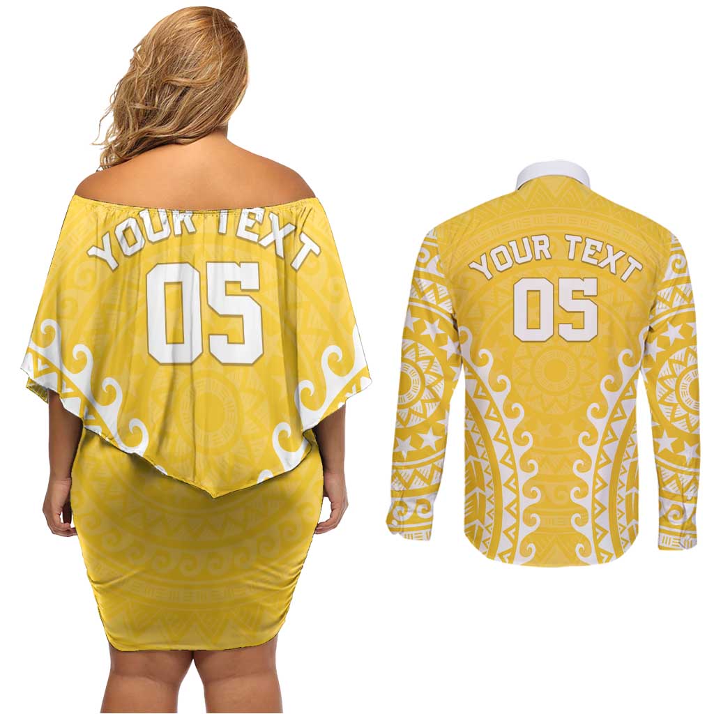 Custom Cook Islands Aitutaki Couples Matching Off Shoulder Short Dress and Long Sleeve Button Shirt Polynesian Tribal Tattoo