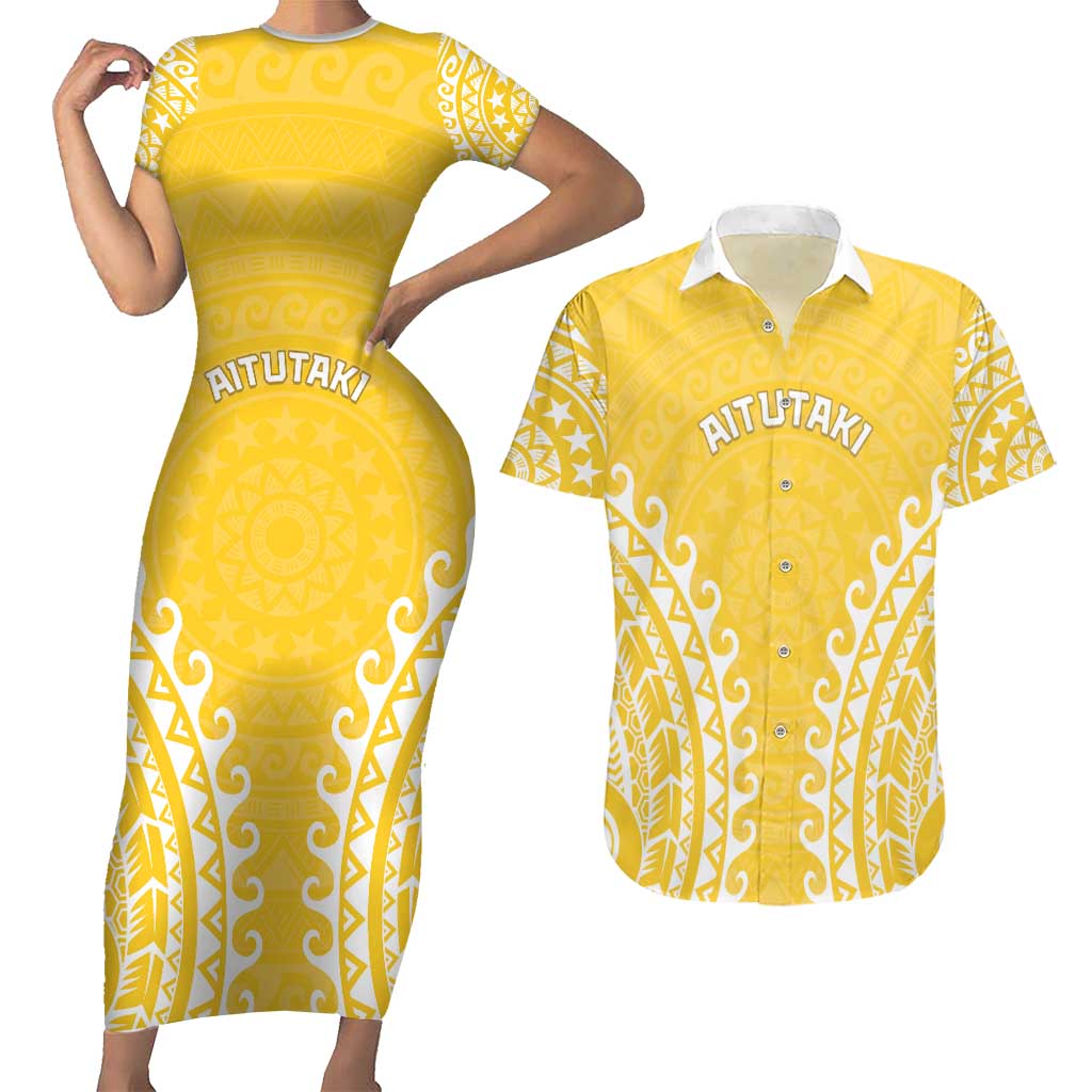 Custom Cook Islands Aitutaki Couples Matching Short Sleeve Bodycon Dress and Hawaiian Shirt Polynesian Tribal Tattoo