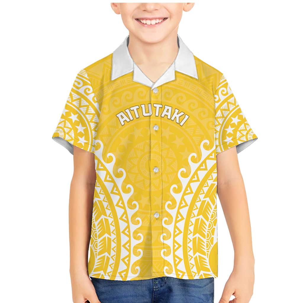 Custom Cook Islands Aitutaki Family Matching Mermaid Dress and Hawaiian Shirt Polynesian Tribal Tattoo LT05 Son's Shirt Yellow - Polynesian Pride
