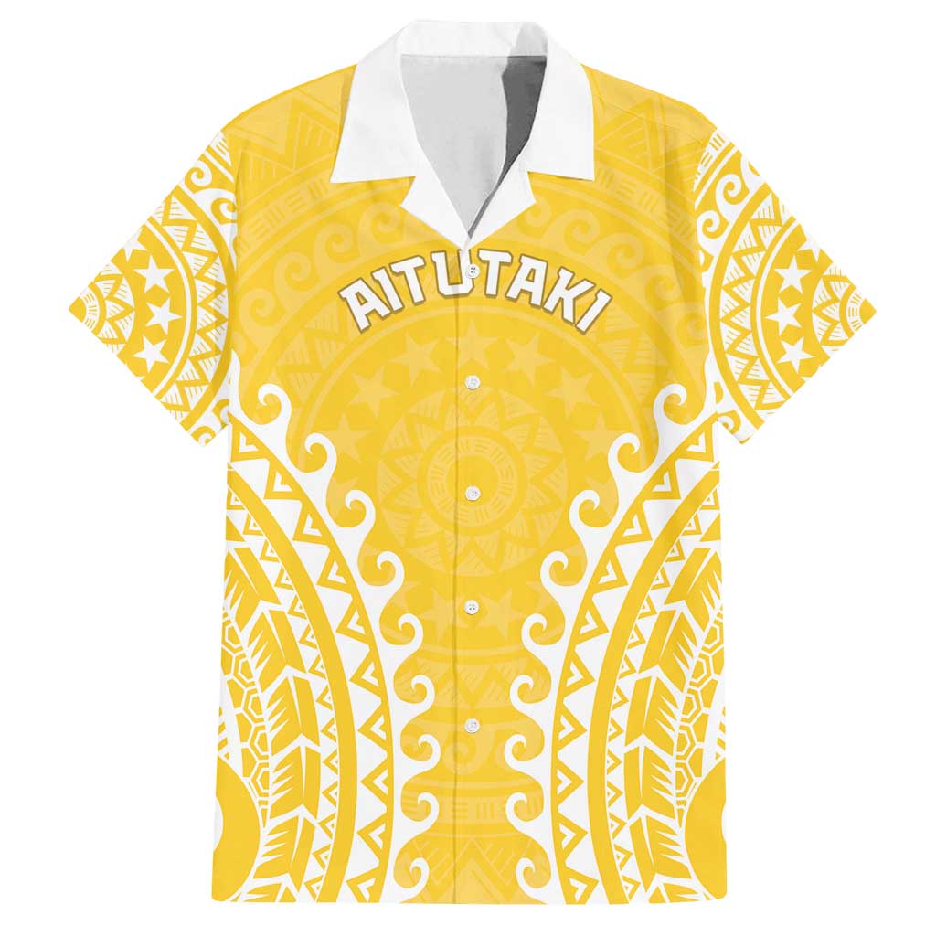 Custom Cook Islands Aitutaki Family Matching Off Shoulder Maxi Dress and Hawaiian Shirt Polynesian Tribal Tattoo LT05 Dad's Shirt - Short Sleeve Yellow - Polynesian Pride