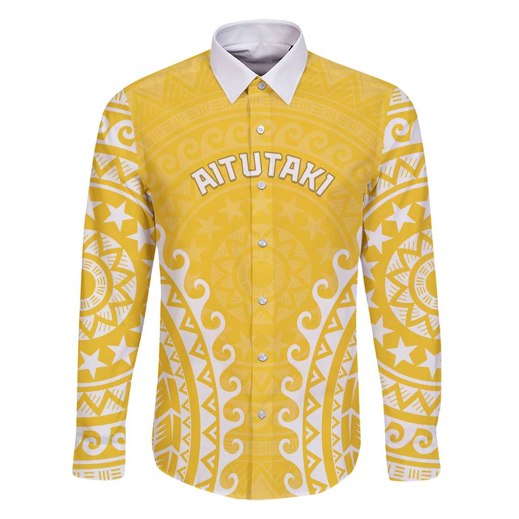 Custom Cook Islands Aitutaki Family Matching Off Shoulder Maxi Dress and Hawaiian Shirt Polynesian Tribal Tattoo LT05 Dad's Shirt - Long Sleeve Yellow - Polynesian Pride