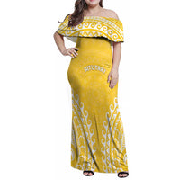 Custom Cook Islands Aitutaki Family Matching Off Shoulder Maxi Dress and Hawaiian Shirt Polynesian Tribal Tattoo LT05 Mom's Dress Yellow - Polynesian Pride
