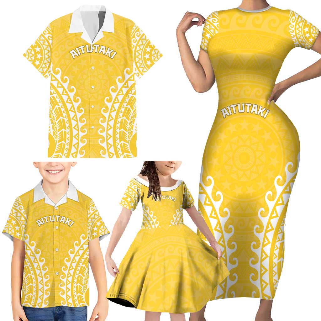 Custom Cook Islands Aitutaki Family Matching Short Sleeve Bodycon Dress and Hawaiian Shirt Polynesian Tribal Tattoo