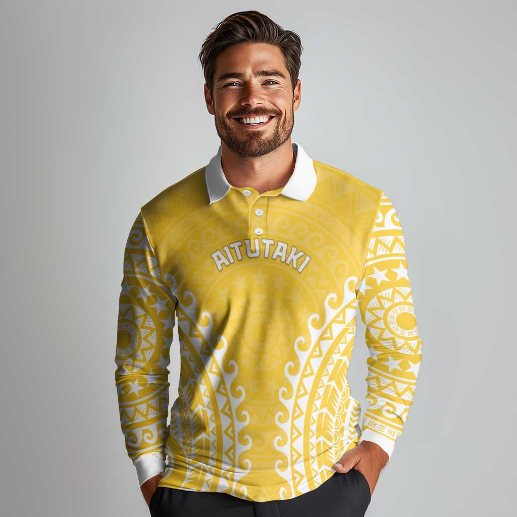 Custom Cook Islands Aitutaki Long Sleeve Polo Shirt Polynesian Tribal Tattoo