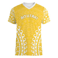 Custom Cook Islands Aitutaki Women V-Neck T-Shirt Polynesian Tribal Tattoo LT05 Female Yellow - Polynesian Pride