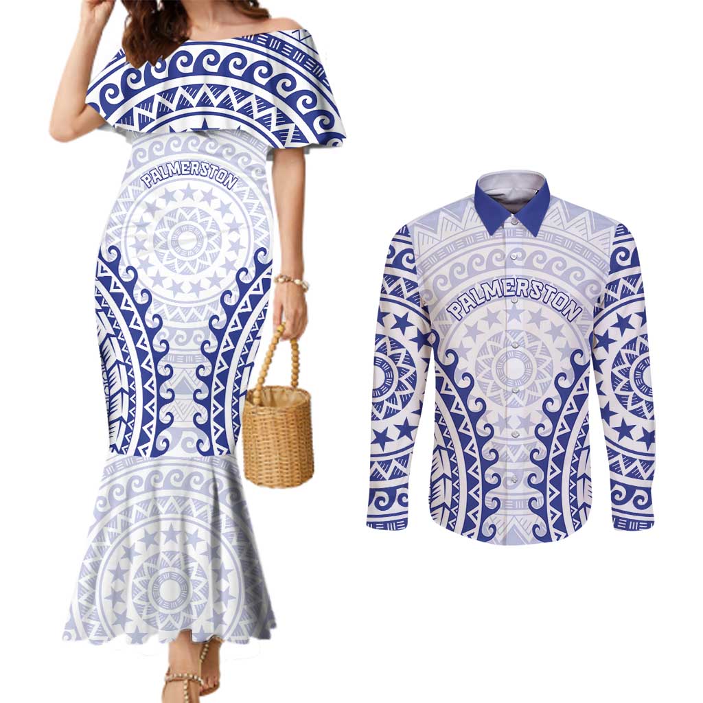 Custom Cook Islands Palmerston Couples Matching Mermaid Dress and Long Sleeve Button Shirt Polynesian Tribal Tattoo