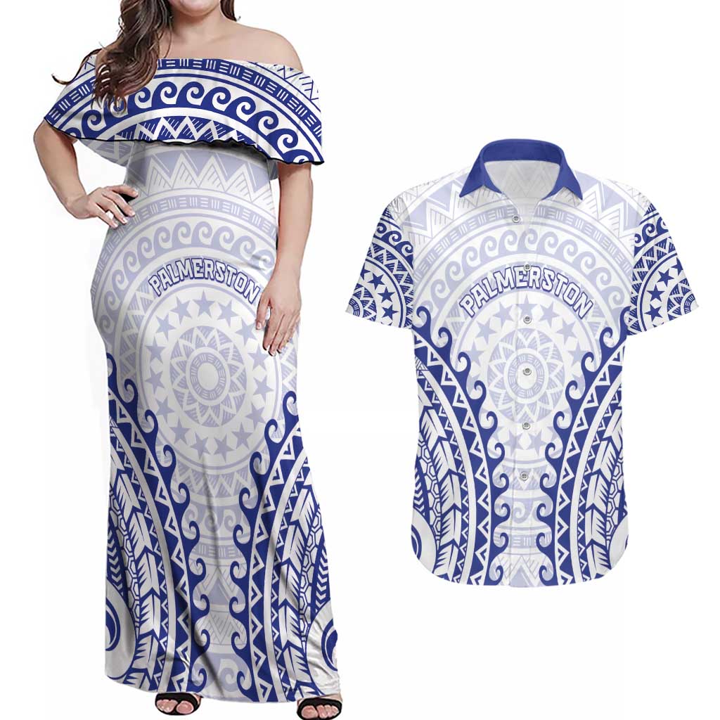 Custom Cook Islands Palmerston Couples Matching Off Shoulder Maxi Dress and Hawaiian Shirt Polynesian Tribal Tattoo