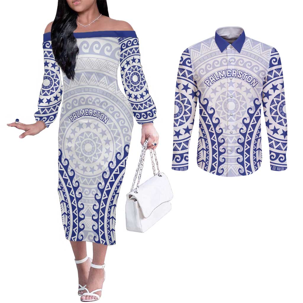 Custom Cook Islands Palmerston Couples Matching Off The Shoulder Long Sleeve Dress and Long Sleeve Button Shirt Polynesian Tribal Tattoo