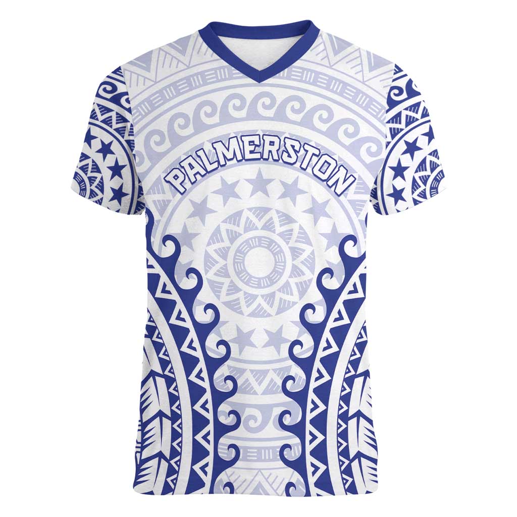 Custom Cook Islands Palmerston Women V-Neck T-Shirt Polynesian Tribal Tattoo LT05 Female Navy - Polynesian Pride