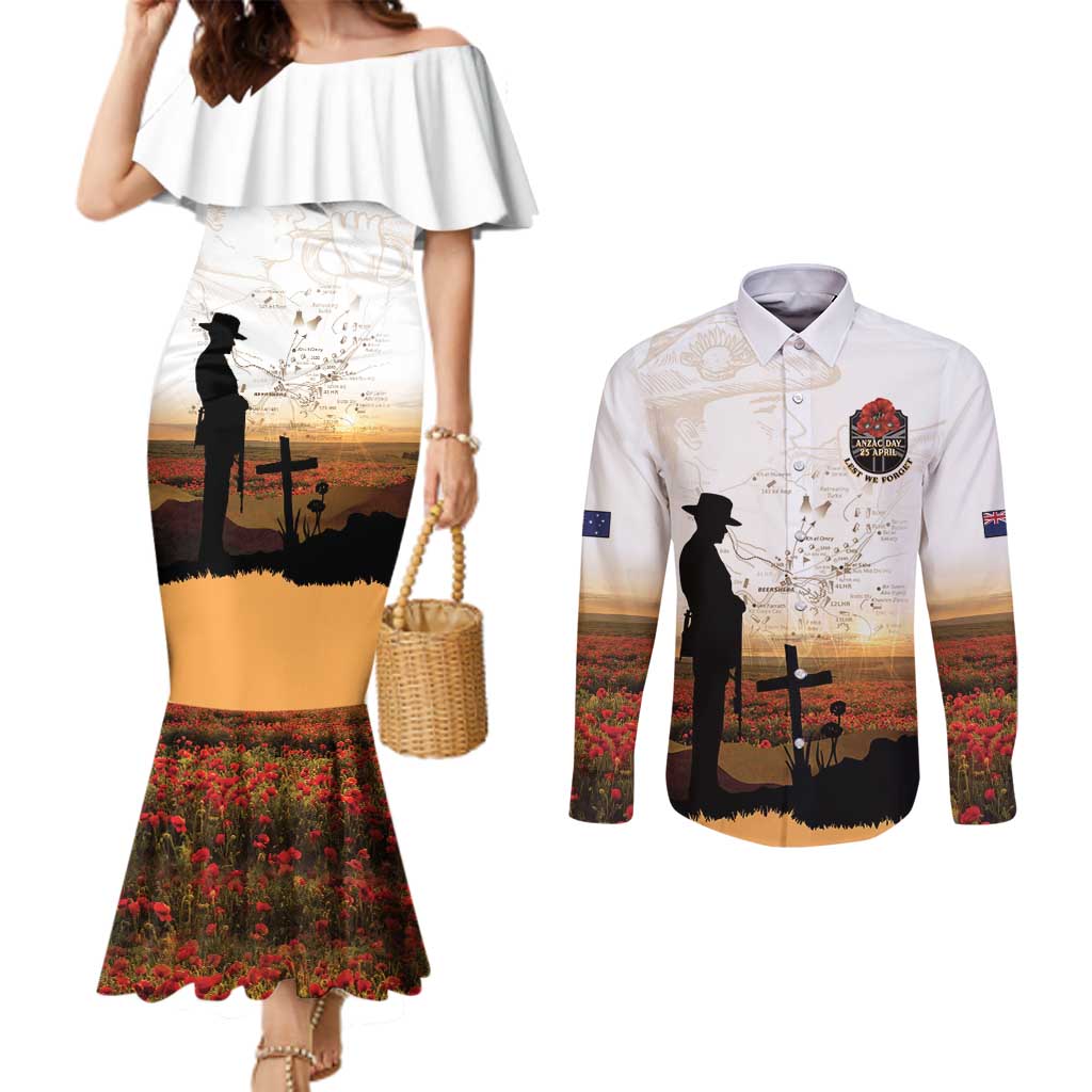 Australia And New Zealand ANZAC Day Couples Matching Mermaid Dress and Long Sleeve Button Shirt Battle Of Beersheba LT05 Beige - Polynesian Pride