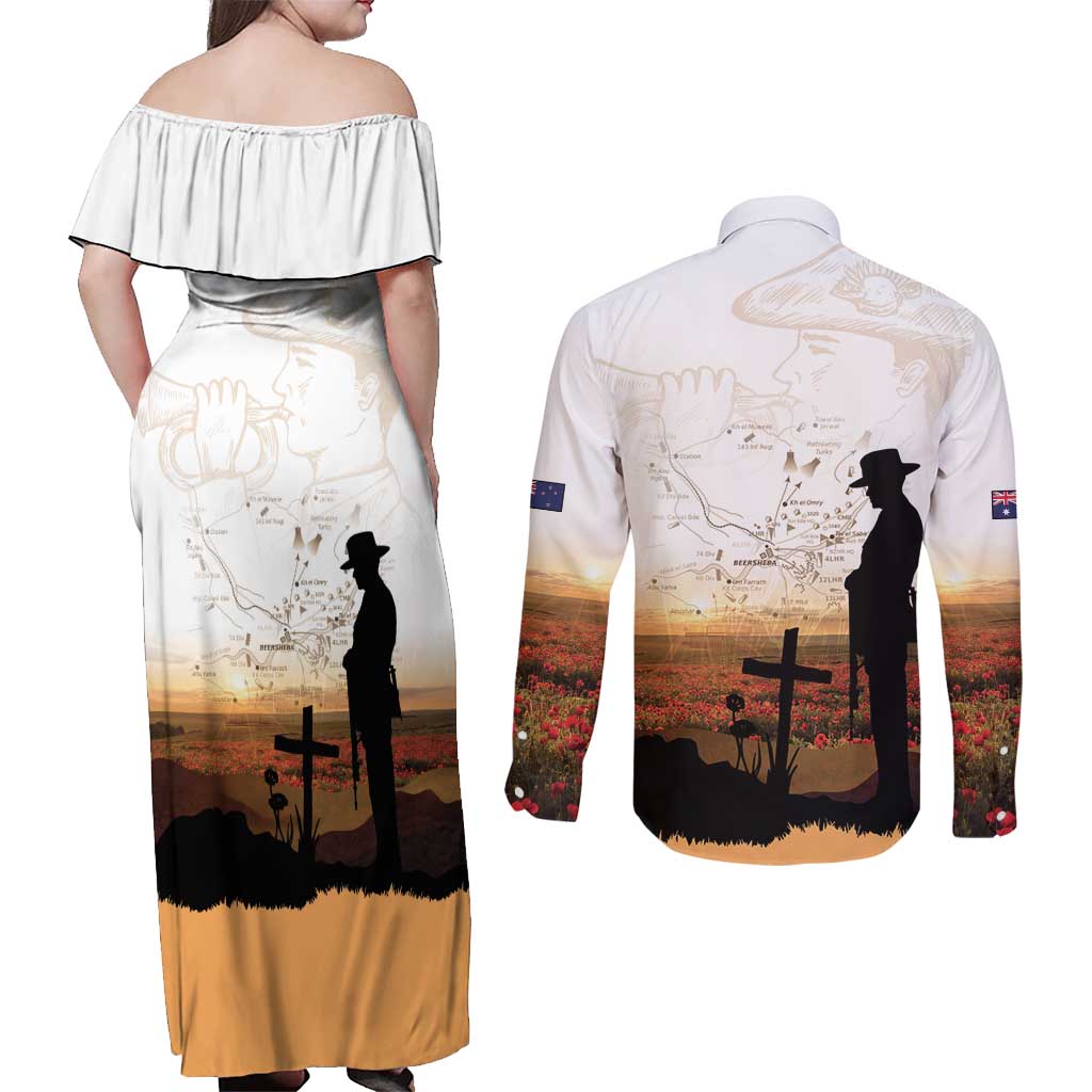 Australia And New Zealand ANZAC Day Couples Matching Off Shoulder Maxi Dress and Long Sleeve Button Shirt Battle Of Beersheba LT05 - Polynesian Pride