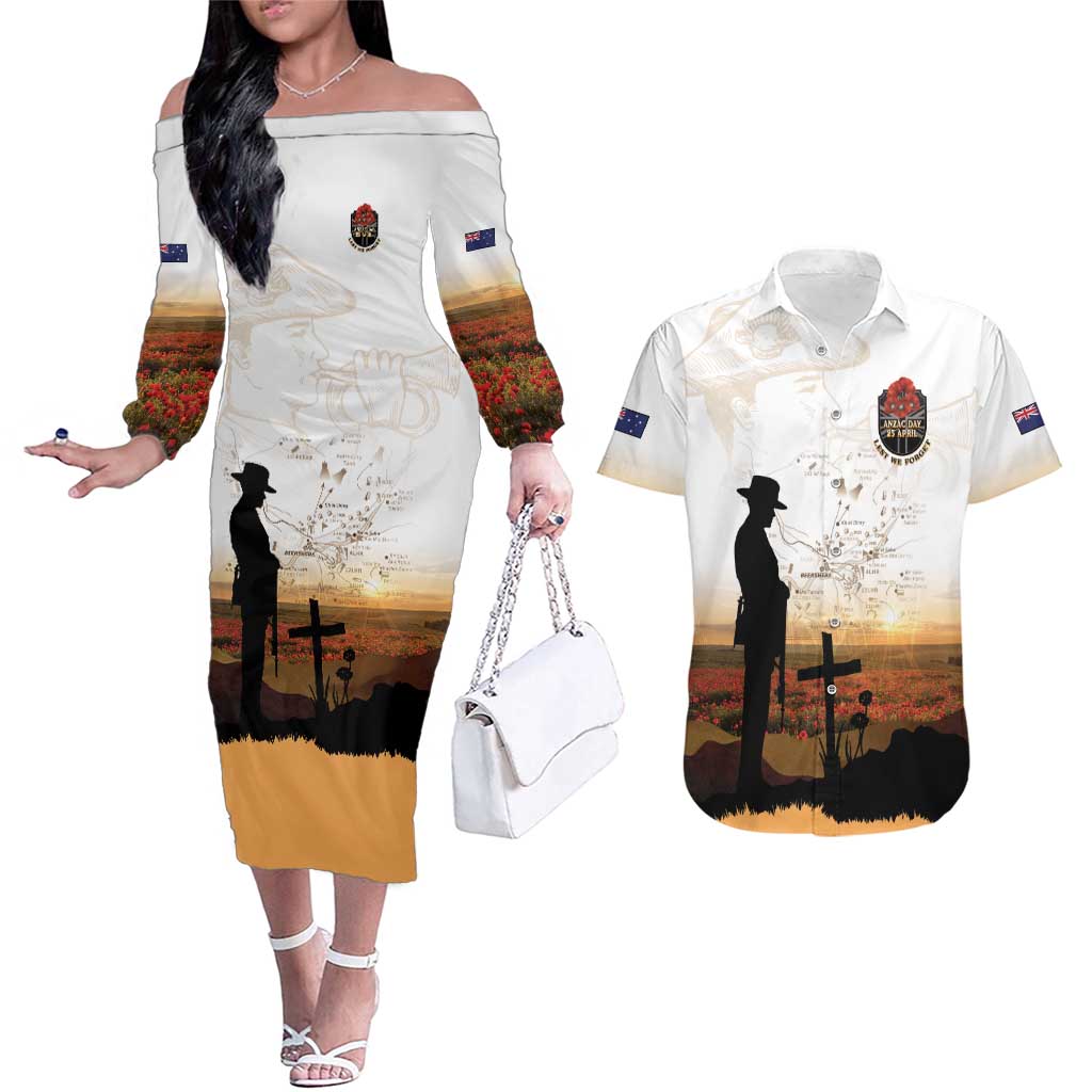 Australia And New Zealand ANZAC Day Couples Matching Off The Shoulder Long Sleeve Dress and Hawaiian Shirt Battle Of Beersheba LT05 Beige - Polynesian Pride