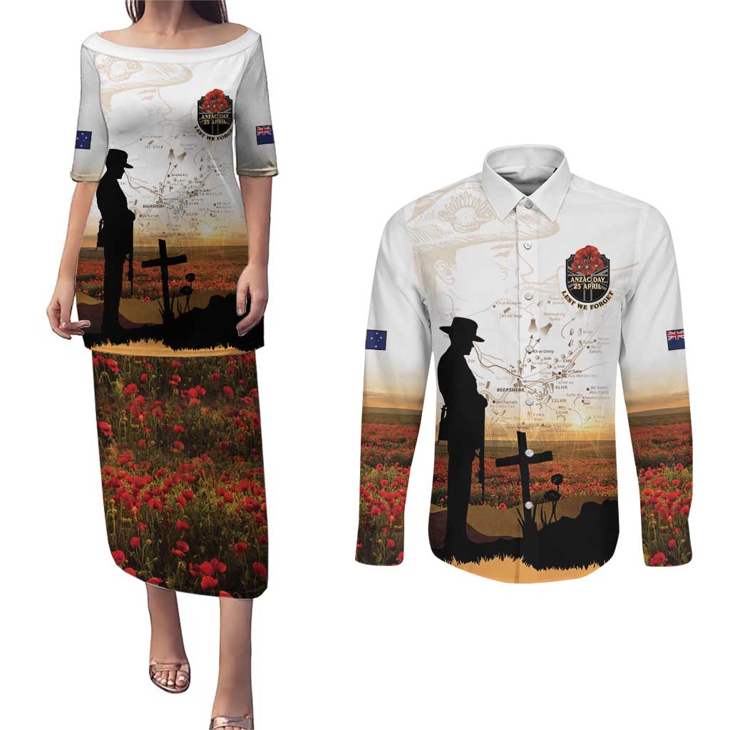 Australia And New Zealand ANZAC Day Couples Matching Puletasi and Long Sleeve Button Shirt Battle Of Beersheba LT05 Beige - Polynesian Pride