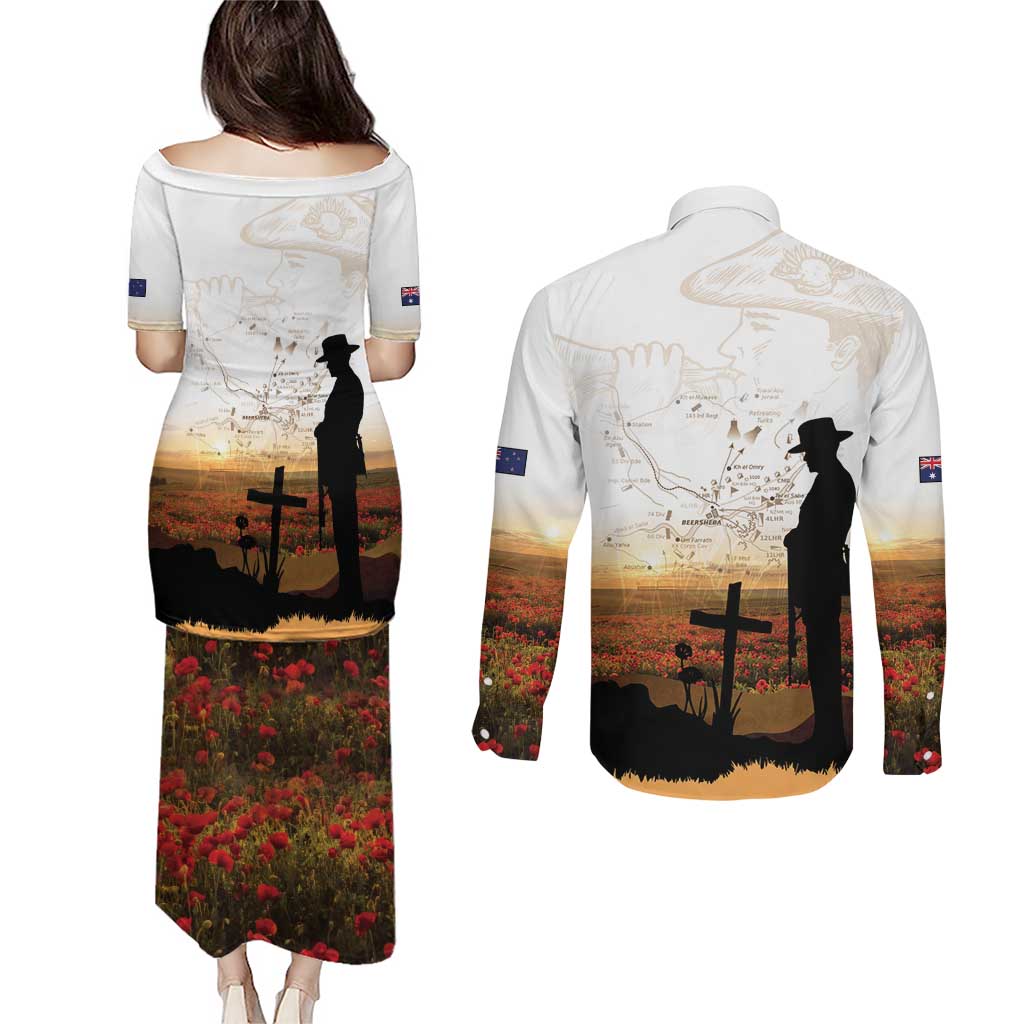 Australia And New Zealand ANZAC Day Couples Matching Puletasi and Long Sleeve Button Shirt Battle Of Beersheba LT05 - Polynesian Pride