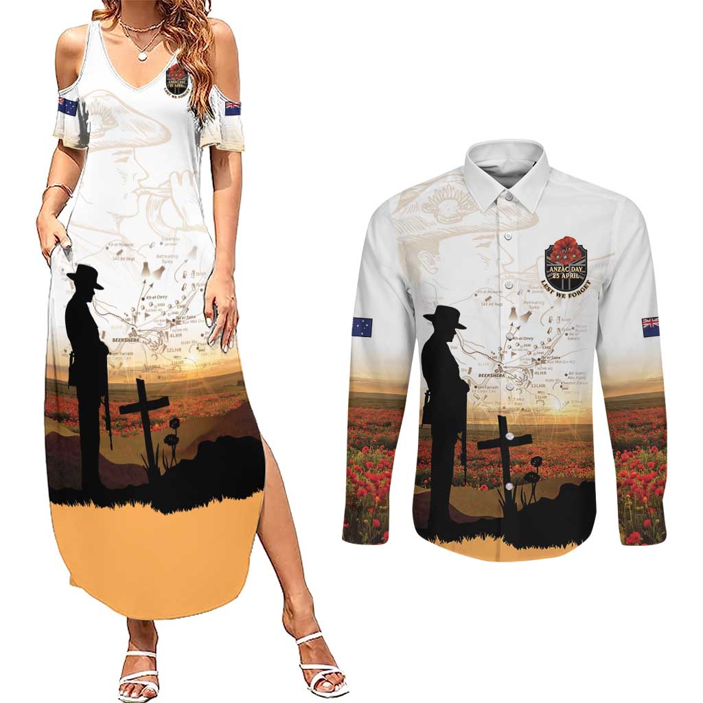 Australia And New Zealand ANZAC Day Couples Matching Summer Maxi Dress and Long Sleeve Button Shirt Battle Of Beersheba LT05 Beige - Polynesian Pride