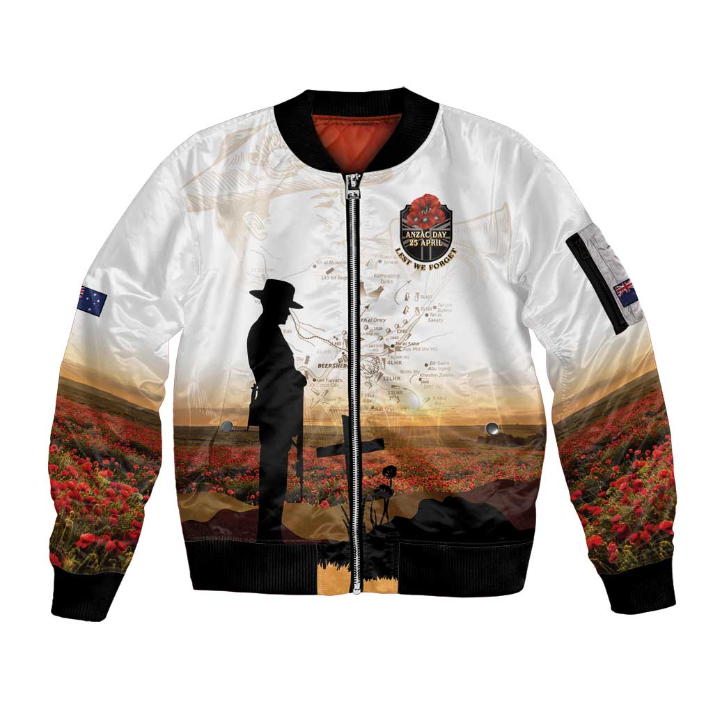 Australia And New Zealand ANZAC Day Sleeve Zip Bomber Jacket Battle Of Beersheba LT05 Unisex Beige - Polynesian Pride
