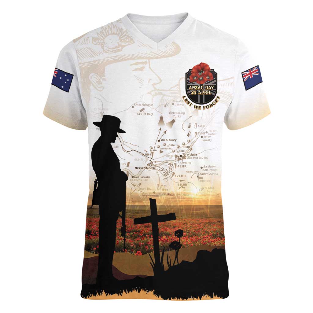 Australia And New Zealand ANZAC Day Women V-Neck T-Shirt Battle Of Beersheba LT05 Female Beige - Polynesian Pride