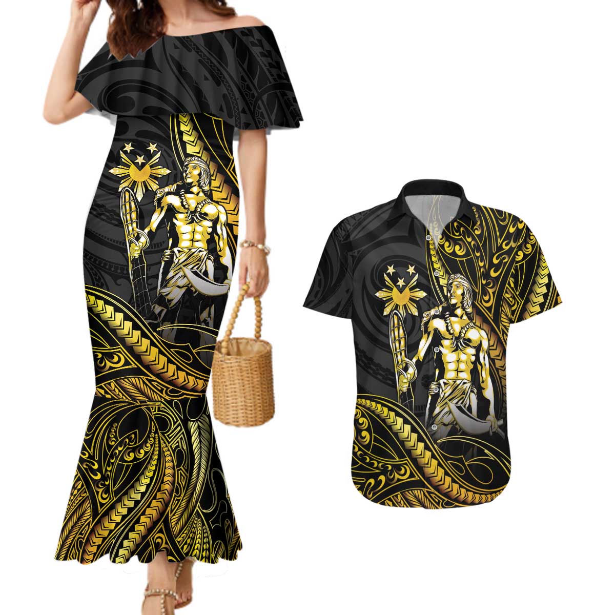 Filipinos Lapu Lapu Hero Couples Matching Mermaid Dress and Hawaiian Shirt Gold Polynesian Tribal Tattoo